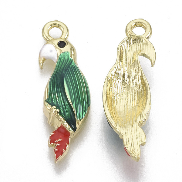 PandaHall Alloy Pendants, with Enamel, Parrot, Light Gold, Green, 25.5x8x4mm, Hole: 1.8mm Alloy+Enamel Bird Green