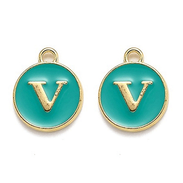 

PandaHall Golden Plated Alloy Enamel Charms, Enamelled Sequins, Flat Round with Alphabet, Letter.V, Green, 14x12x2mm, Hole: 1.5mm...