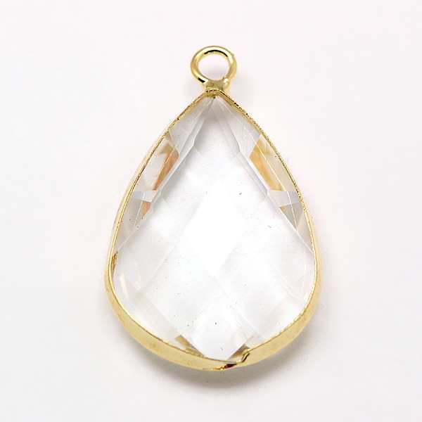 

PandaHall Golden Tone Brass Glass Teardrop Pendants, Faceted, Clear, 18x10x5mm, Hole: 2mm Brass+Glass Teardrop Clear