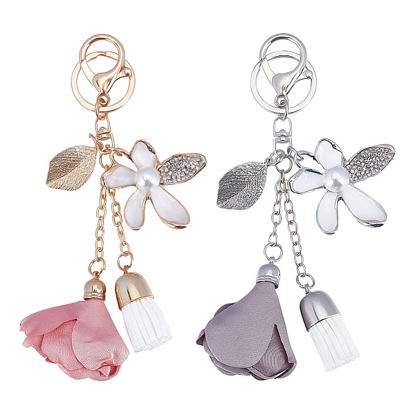 

PandaHall CHGCRAFT 2Pcs 2 Colors Alloy Rhinestone Keychain, with Cloth Tassel and Alloy Findings, Flower & Leaf, Platinum & Golden, 15cm..., Multicolor