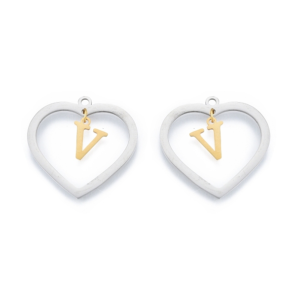 

PandaHall 201 Stainless Steel Pendants, Hollow, Heart with Letter A~Z, Real Gold Plated & Stainless Steel Color, Letter.V, 29x29.5x1mm, Hole...