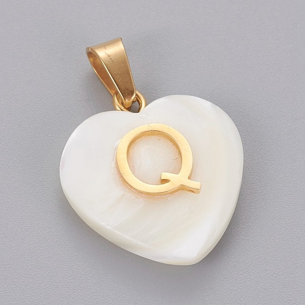 

PandaHall Shell Pendants, with 304 Stainless Steel Findings, Heart with Letter, Golden, Letter.Q, 23.5x20x7mm, Hole: 3.5x7mm Shell Letter Q..., White