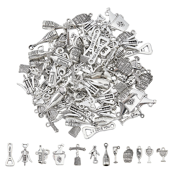 

PandaHall DICOSMETIC 120Pcs 12 Styles Tibetan Style Alloy Pendants, Wine, Mixed Shapes, Antique Silver, 16.5~28x6.5~22x1.5~4mm, Hole...