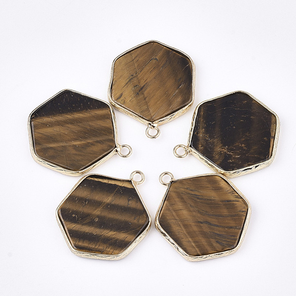 

PandaHall Natural Tiger Eye Pendants, with Brass Findings, Hexagon, Golden, 30~31x24~25x2~3mm, Hole: 2mm Tiger Eye Hexagon