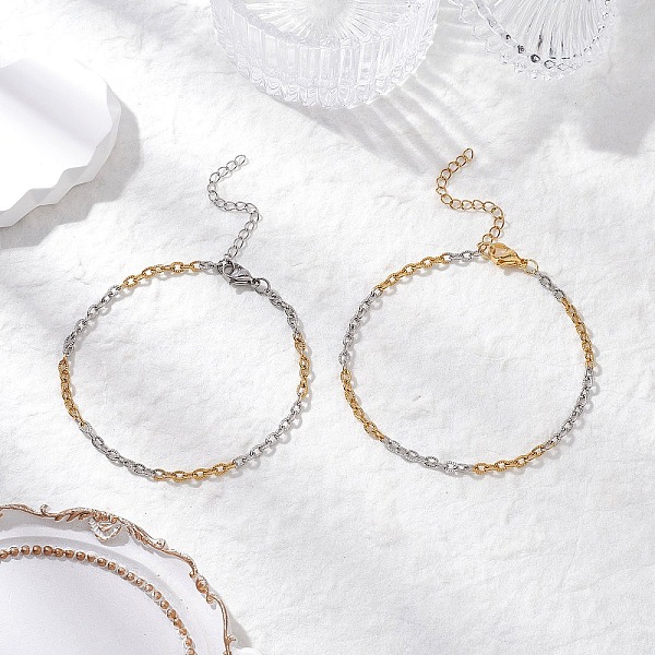 2Pcs 2 Colors Two Tone 304 Stainless Steel Textured Cable Chain Anklets