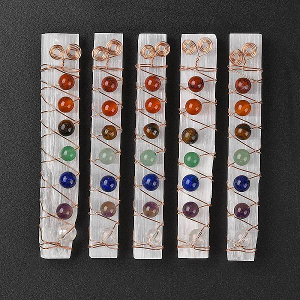 

PandaHall Chakra Jewelry, Natural Selenite Home Decorations, with Brass Wire Wrapped and Natural Gemstone Round Beads, Rectangle...