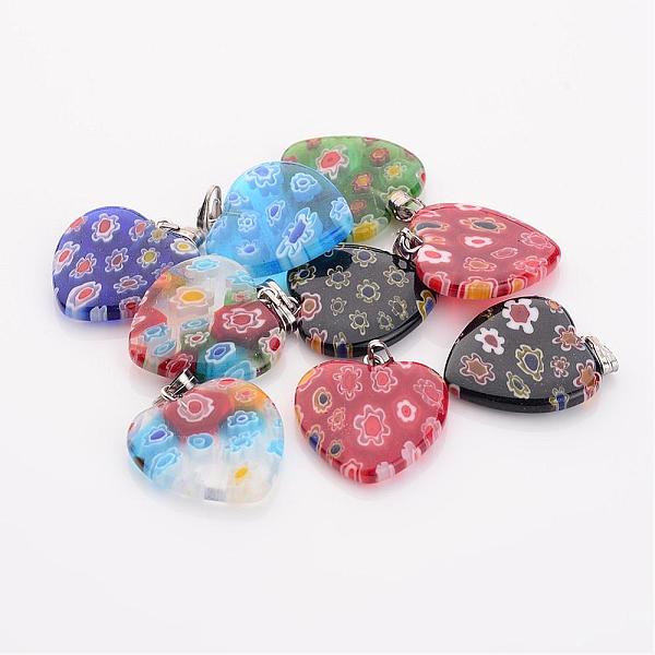 

PandaHall Handmade Millefiori Glass Pendants, with Iron Clasps, Heart, Mixed Color, 20x20x3.5mm, Hole: 2mm Millefiori Lampwork Heart..., Multicolor