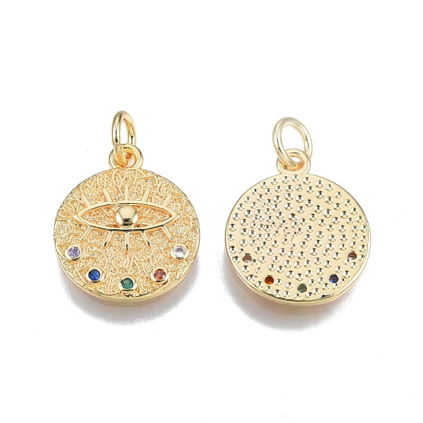 

PandaHall Brass Pave Cubic Zirconia Pendants, with Jump Rings, Nickel Free, Real 18K Gold Plated, Flat Round with Eye, Colorful, 18x15.5x2mm...