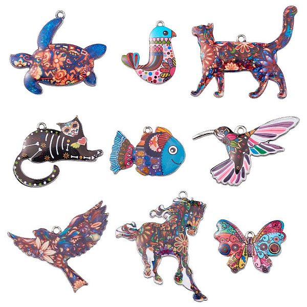 

PandaHall 18Pcs 9 Styles Printed Alloy Pendants, Butterfly/Tortoise/Horse/Bird/Fish/Cat, Mixed Color, 21~45x23~45x1~3mm, Hole: 2mm..., Multicolor