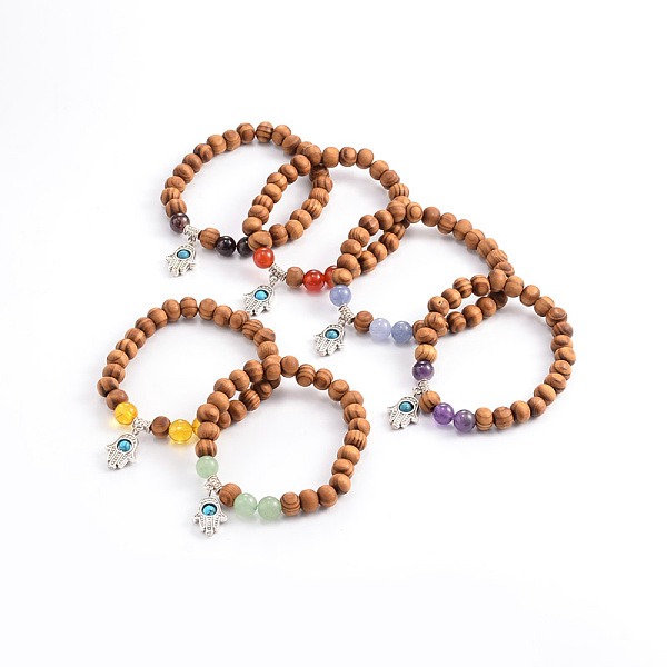 

PandaHall Wood Beaded Stretch Charm Bracelets, with Gemstone Beads and Tibetan Style Hamsa Hand/Hand of Fatima/Hand of Miriam Charms, Mixed...