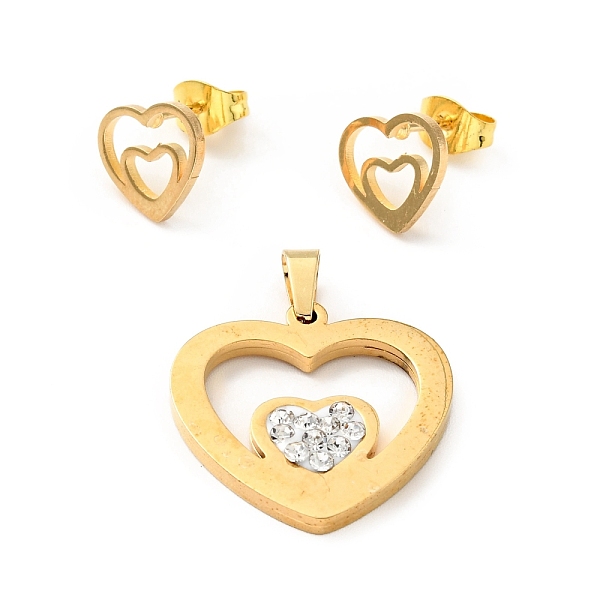 

PandaHall Double Heart Stud Earrings with 316 Stainless Steel Pins and Crystal Rhinestone Pendant, Vacuum Plating 201 Stainless Steel..., White
