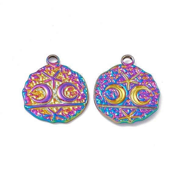 

PandaHall Ion Plating(IP) 304 Stainless Steel Pendants, Textured, Flat Round with Moon & Star, Rainbow Color, 24x20x2mm, Hole: 2.8mm 304...