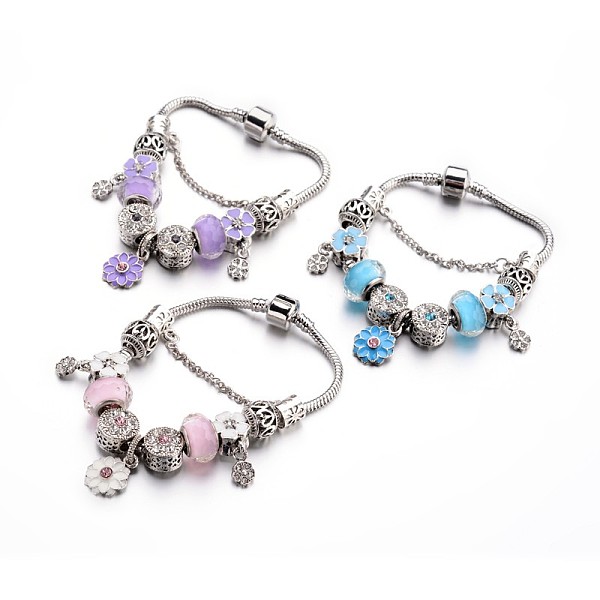 

PandaHall Fashion Brass European Bracelets, with Glass Beads and Alloy Rhinestone Enamel Beads, Mixed Color, 190x3mm Rhinestone Multicolor