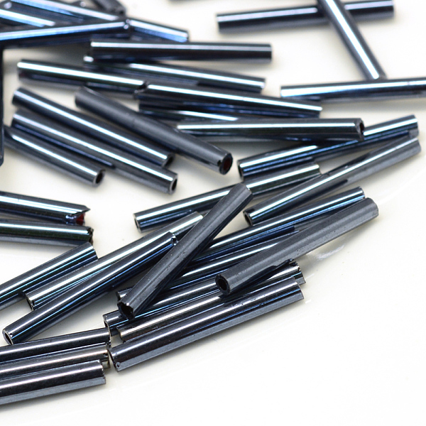 

PandaHall Glass Bugle Beads, Hematite Plated, 18x2.5mm, Hole: 0.5mm, about 2500pcs/bag Glass