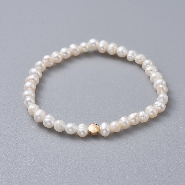 

PandaHall Stretch Bracelets, with Brass Beads, Grade A Natural Freshwater Pearl Beads and Burlap Packing Pouches Drawstring Bags, Flat Round..., White