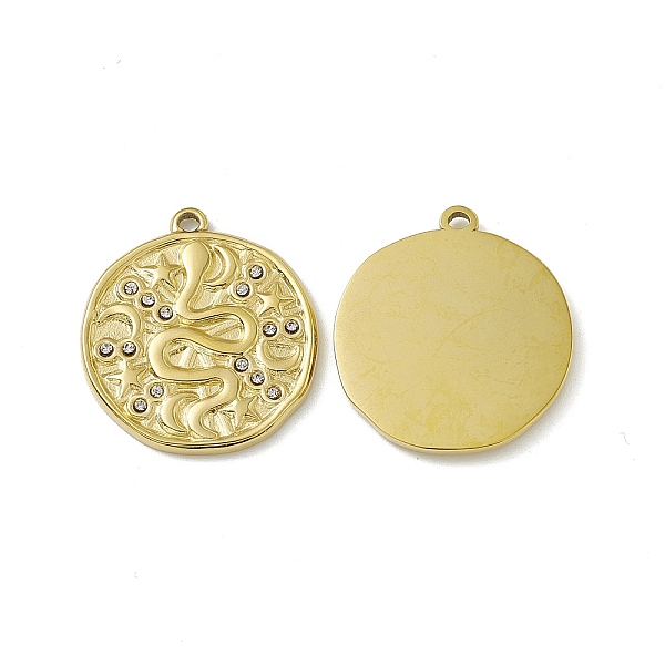 

PandaHall Vacuum Plating 201 Stainless Steel Pendants, Crystal Rhinestone Flat Round with Snake Pattern Charms, Real 18K Gold Plated..., Clear