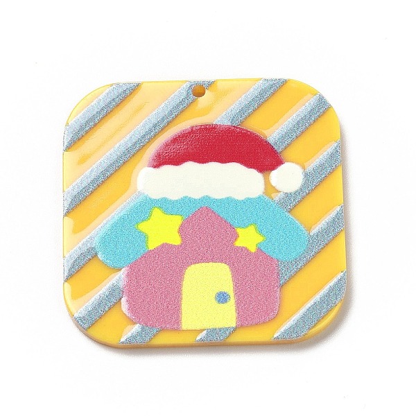 PandaHall Printed Acrylic Pendants, for Christmas, Square, House Pattern, 34x34x2mm, Hole: 1.5mm Acrylic House Gold