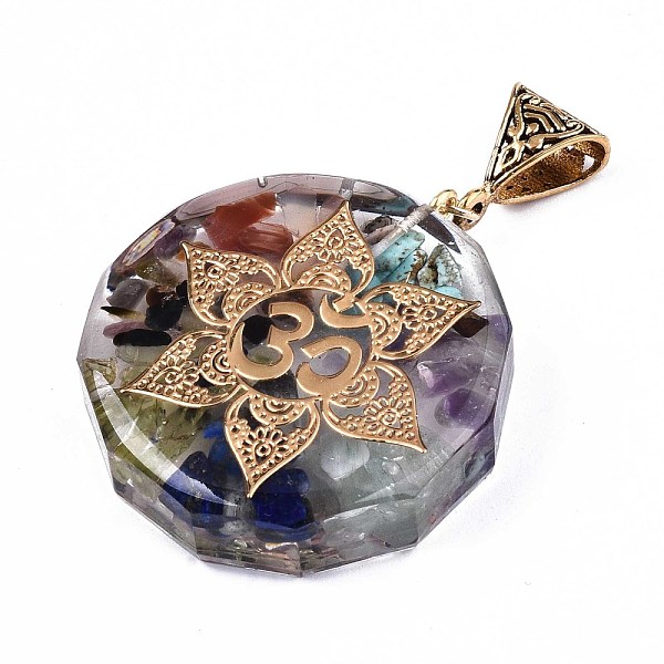 

PandaHall Transparent Epoxy Resin Alchemy Pendants, with Natural Gemstone Chip, Gold Foil, Flat Round with Om Symbol, Colorful...