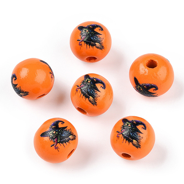 

PandaHall Halloween Theme Wood European Beads, Printed Large Hole Beads, Round, Dark Orange, Witch, 15.5~16.5mm, Hole: 3.5~4.5mm Wood Witch