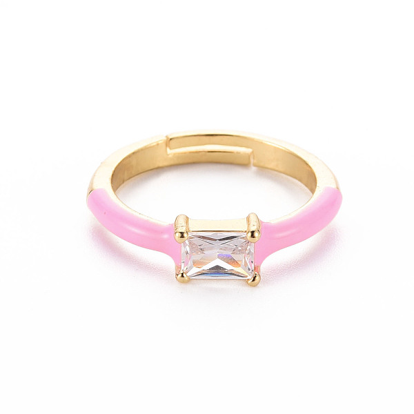 

PandaHall Brass Enamel Cuff Rings, Open Rings, with Clear Cubic Zirconia, Nickel Free, Rectangle, Golden, Pearl Pink, US Size 7 1/4(17.5mm)...
