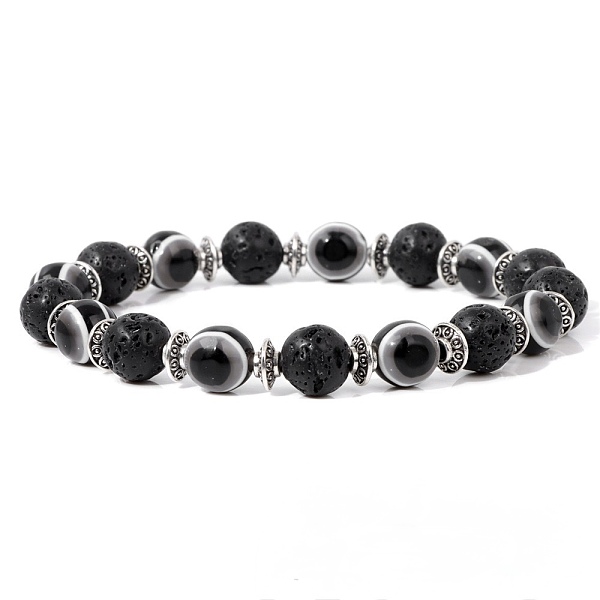 Bracelets extensibles en perles de lave naturelle rondes de 8 mm et en verre œil protecteur