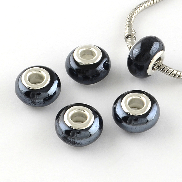 

PandaHall Rondelle Pearlized Handmade Porcelain European Beads, with Silver Color Plated Brass Cores, Large Hole Beads, Black, 14~16x9~10mm...