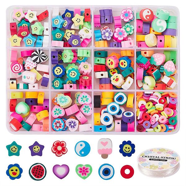 PandaHall 11 Styles Handmade Polymer Clay Beads, Taiji & Eye & Heart & Fruit Theme & Star & Flower with Smiling Beads, Mixed Color, 6x0.5mm...