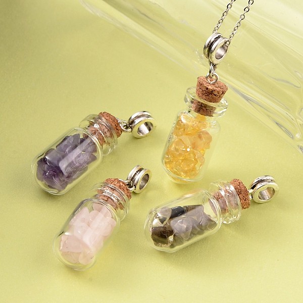 

PandaHall Cute Design Glass Wishing Bottle Antique Silver Tone Alloy Gemstone Pendants, with Wooden Bungs, Mixed Color, 47x34.5mm, Hole..., Multicolor