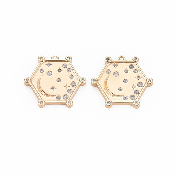 

PandaHall Brass Micro Pave Cubic Zirconia Pendants, Nickel Free, Real 18K Gold Plated, Hexagon with Moon & Star, Clear, 18x20x2.5mm, Hole...