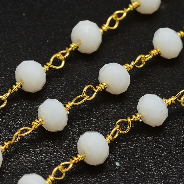 

PandaHall Faceted Rondelle Handmade Electroplate Glass Beaded Chains, Unwelded, with Spool, with Golden Plated Brass Findings, White, 6x4mm...