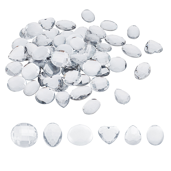 PandaHall CHGCRAFT 120Pcs 6 Style Acrylic Rhinestone Cabochons, Flat Back, Heart & Teardrop & Oval & Half Round, Clear, 20pcs/style Acrylic...