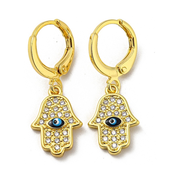 

PandaHall Real 18K Gold Plated Brass Dangle Leverback Earrings, with Enamel and Cubic Zirconia, Hamsa Hand with Evil Eye, Midnight Blue...