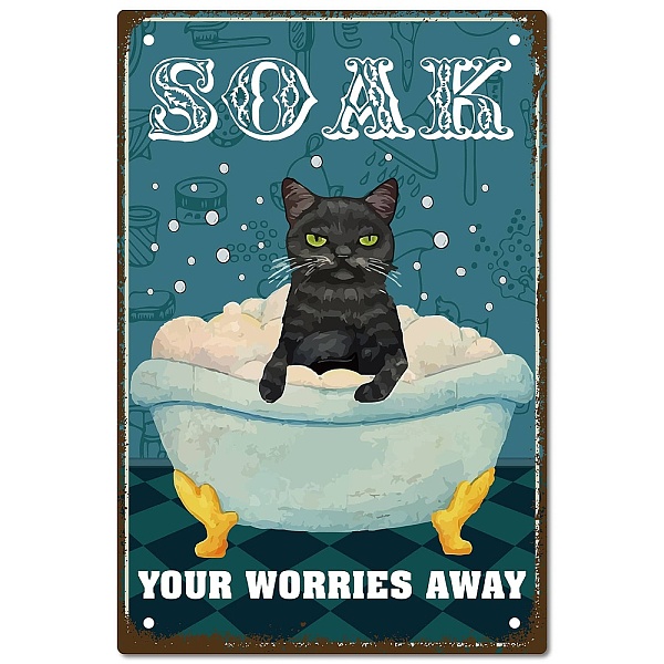 PandaHall CREATCABIN Black Cat Metal Tin Sign Soak Your Worries Away Signs Vintage Bathroom Iron Sign Painting Poster Plaque Retro Mural...