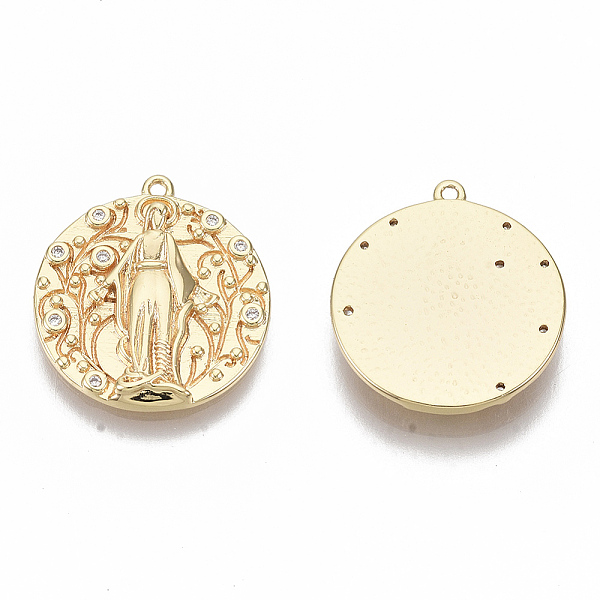 

PandaHall Brass Micro Pave Clear Cubic Zirconia Pendants, Nickel Free, Flat Round with Virgin Mary, Real 18K Gold Plated, 18.5x16.5x2mm...