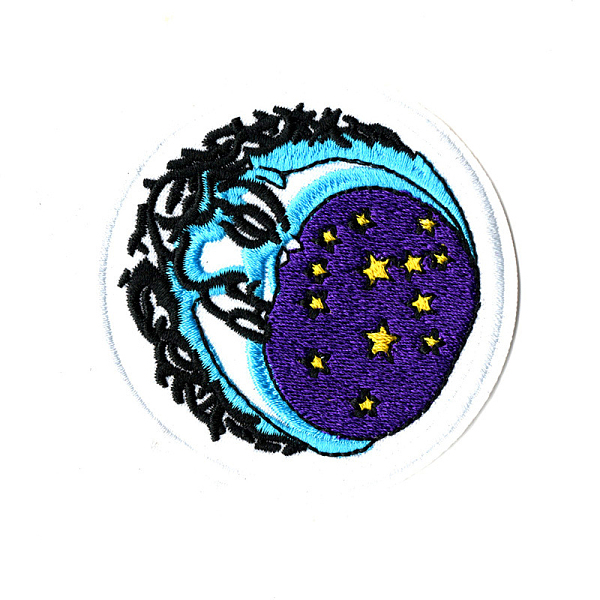 PandaHall Computerized Embroidery Cloth Iron on/Sew on Patches, Costume Accessories, Appliques, Flat Round with Moon and Star, Midnight Blue...