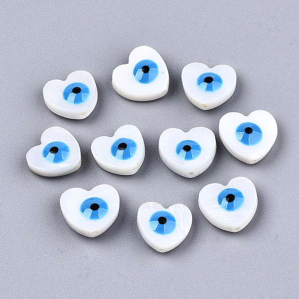 

PandaHall Natural Freshwater Shell Beads, with Enamel, Enamelled Sequins, Heart with Evil Eye, Dodger Blue, 9.5~10.5x10~11x4.5mm, Hole...