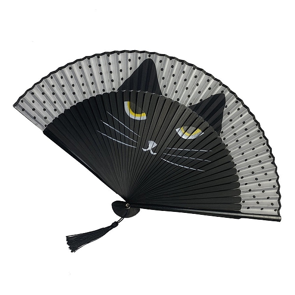 

PandaHall Cat Pattern Bamboo with Satin Folding Fan, for Party Wedding Dancing Decoration, Black, 210mm Bamboo Black