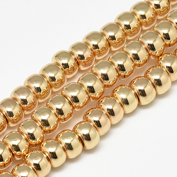 

PandaHall Electroplate Non-magnetic Synthetic Hematite Beads Strands, Rondelle, Light Gold Plated, 6x4mm, Hole: 2mm, about 97pcs/strand...