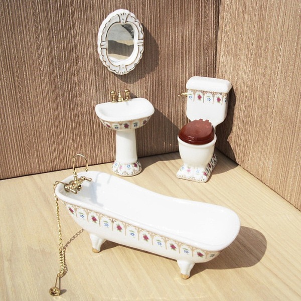 

PandaHall Mini Porcelain Bathroom Toilet Basin Bathtub Mirror Set, Miniature Landscape Bathroom Model Dollhouse Accessories Decorations..., White