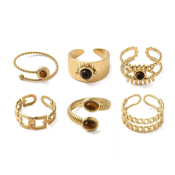 

PandaHall 6Pcs 6 Style Rectangle & Horse Eye & Half Round 304 Stainless Steel Open Cuff Rings Set, Natural Tiger Eye Stackable Rings, Real...