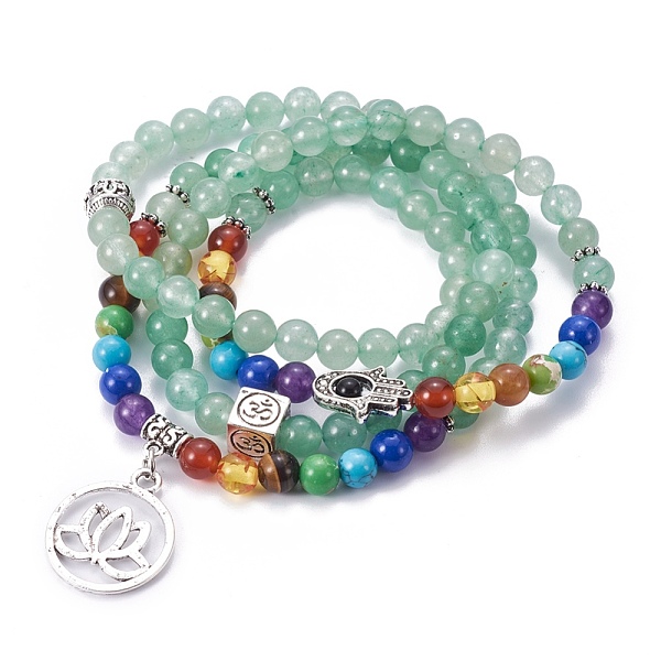 

PandaHall Natural Green Aventurine Wrap Bracelets, Four Loops, Stretch, Chakra Style, with Metal Pendants, 27.5 inch(20cm) Green Aventurine