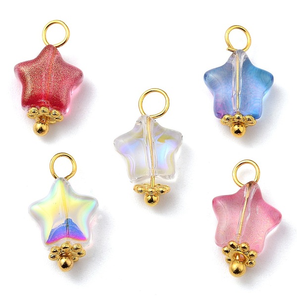 

PandaHall Electroplate Glass Charms, with Glitter Powder, Brass Findings and Alloy Spacer Beads, Star, Mixed Color, 14x8x4mm, Hole: 2.5mm..., Multicolor