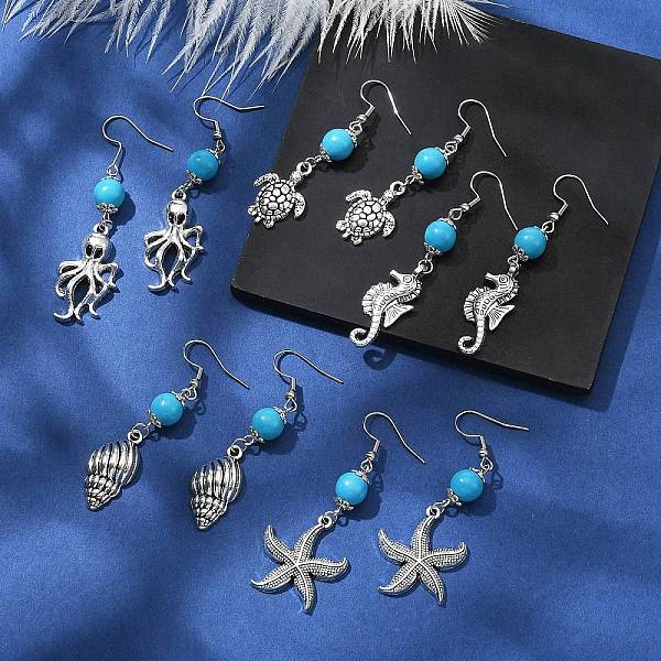 Ocean Theme Alloy Dangle Earrings With Synthetic Turquoise Beaded