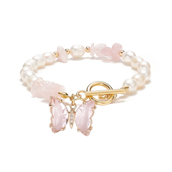 

PandaHall Glass Butterfly Charm Bracelet with Clear Cubic Zirconia, Natural Rose Quartz Chips & Pearl Beaded Bracelet for Women, 7-5/8 inch...