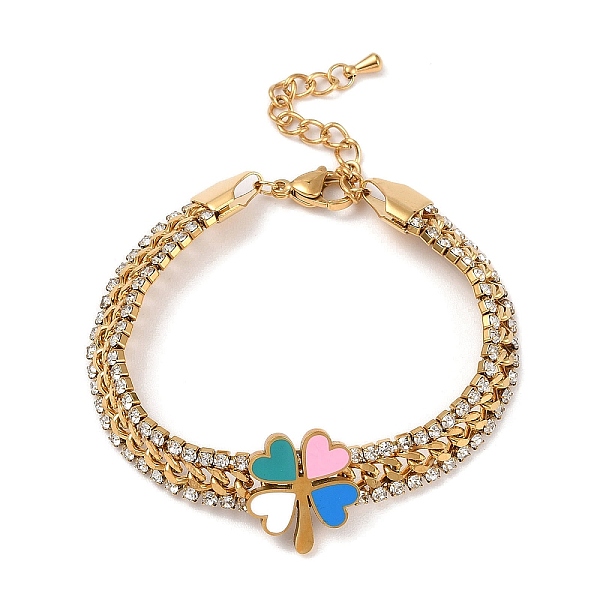 

PandaHall Ion Plating(IP) Golden 304 Stainless Steel Enamel Clover Link Bracelet, with Cubic Zirconia Chains, Colorful, 6-5/8 inch(16.8cm)...