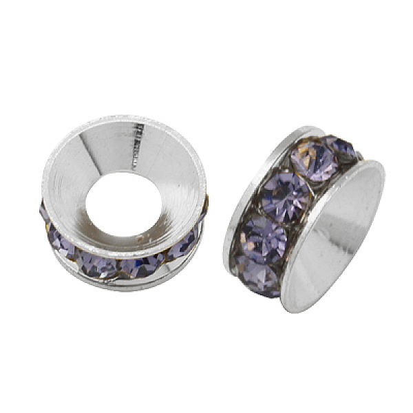 

PandaHall Brass Rhinestone Spacer Beads, Grade A, Rondelle, Silver Color Plated, Violet, 9x4mm Brass+Rhinestone Rondelle Purple
