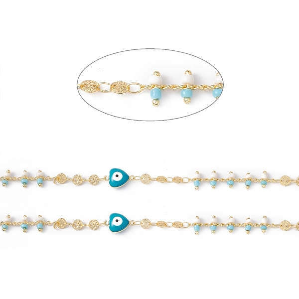 

PandaHall Handmade Eco-friendly Brass Flat Round & Heart Link Chain, with Enamel Evil Eye & Glass Seed Beaded, Real 18K Gold Plated, Lead..., Cyan