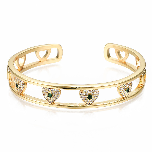 

PandaHall Brass Micro Pave Cubic Zirconia Cuff Bangles, Nickel Free, Heart, Green, Real 16K Gold Plated, Inner Diameter: 2-1/4 inch(5.7cm)...