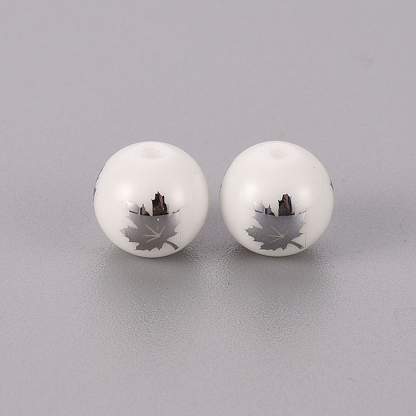 

PandaHall Electroplate Glass Beads, Round, Maple Leaf Pattern, Platinum Plated, 10mm, Hole: 1.2mm Glass Leaf