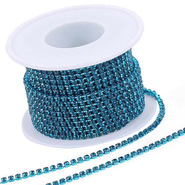 

PandaHall Gorgecraft 1 Roll Electrophoresis Iron Rhinestone Strass Chains, Rhinestone Cup Chains, with Spool, Blue Zircon, SS8.5, 2.4~2.5mm..., Cyan